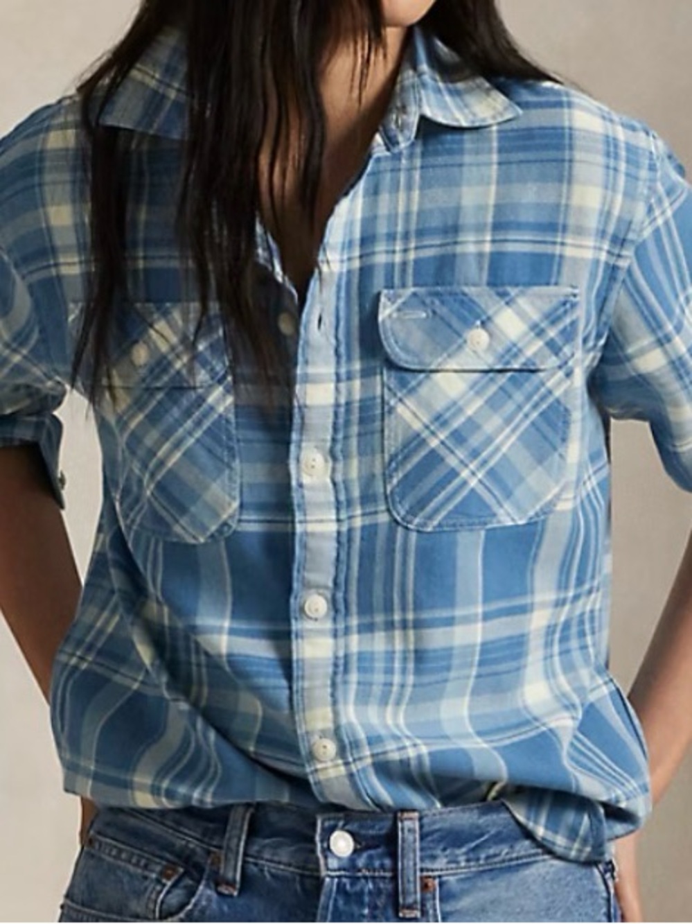 Chaps Blue and White Plaid Button-Down Shirt